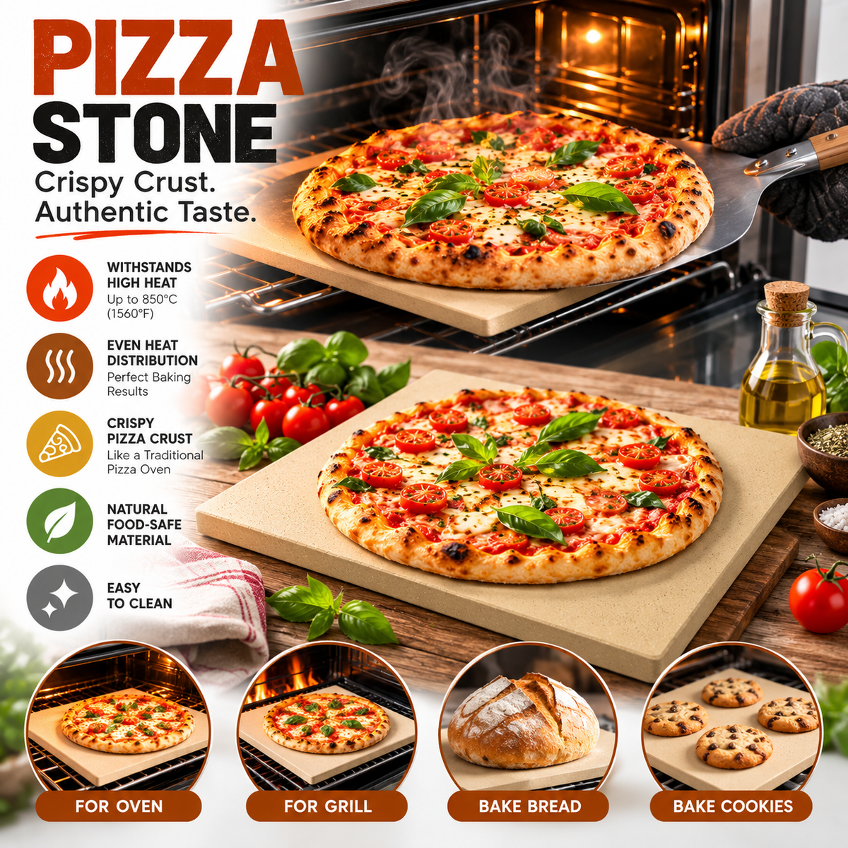 Pizza Stone for Oven and Grill Culinary Couture Cordierite 33x38cm 1.5cm Thick