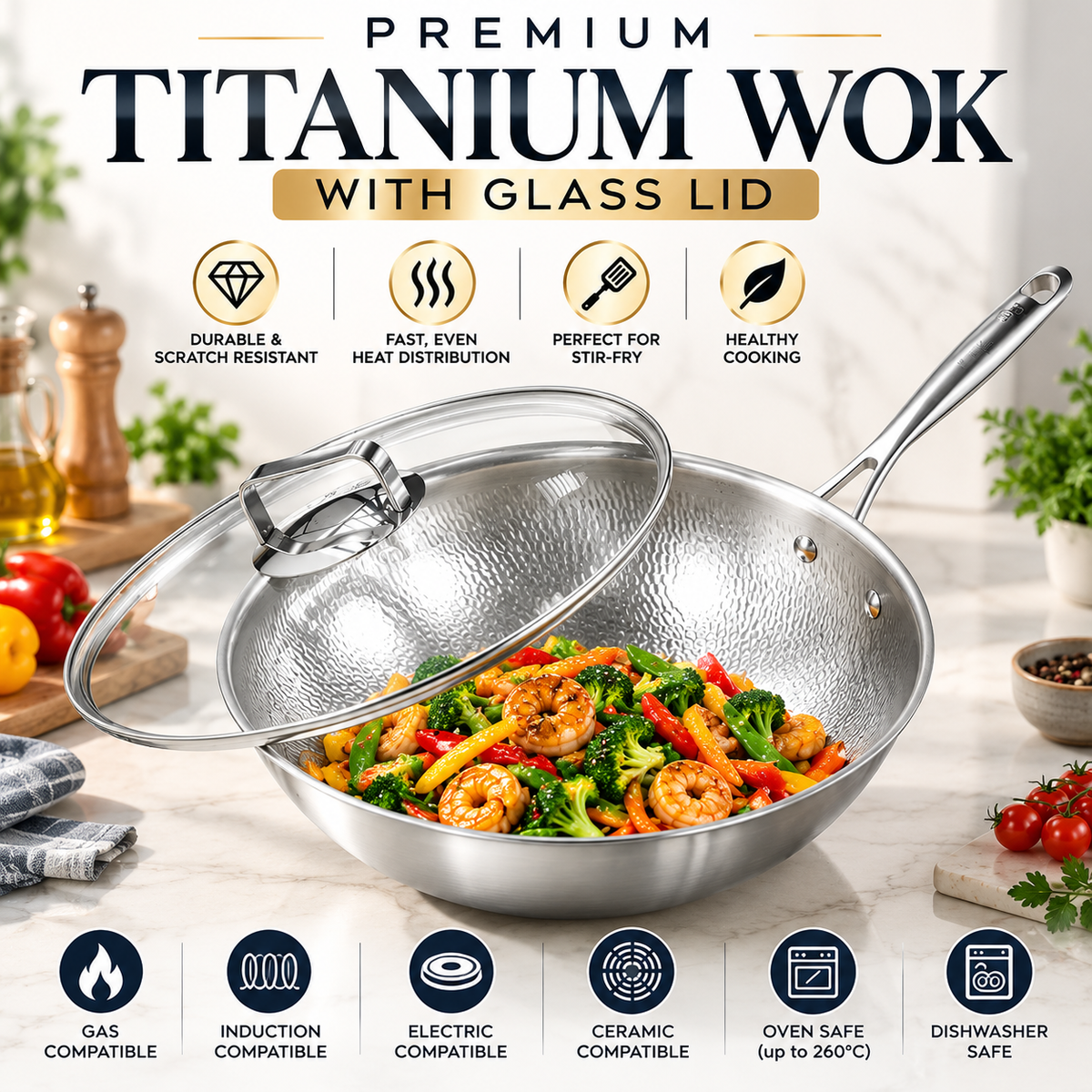 PFAS-Free Hammered Titanium Wok with Lid – Professional Stir Fry Pan