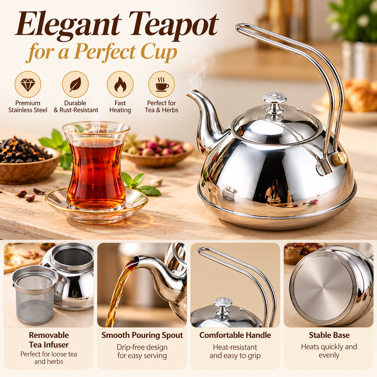 Stainless Steel Teapot 1.5L – Elegant Tea Kettle with Removable Infuser