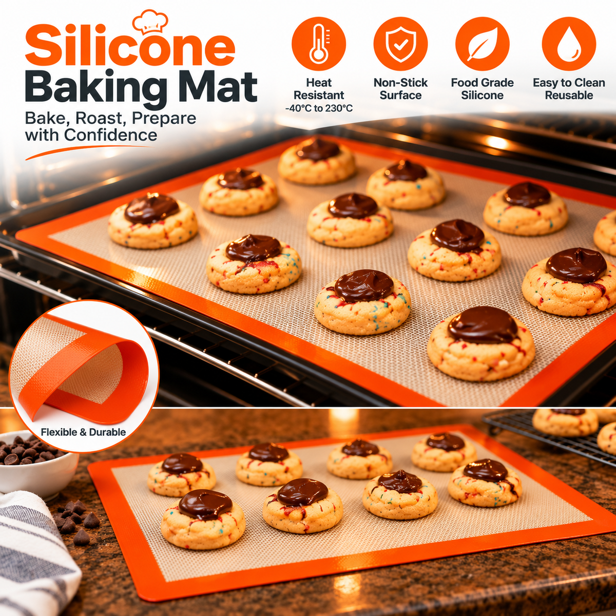 Silicone Baking Mat – Non-Stick Glass Fibre Pastry and Dough Rolling Sheet for Cakes, Bread & Fondant