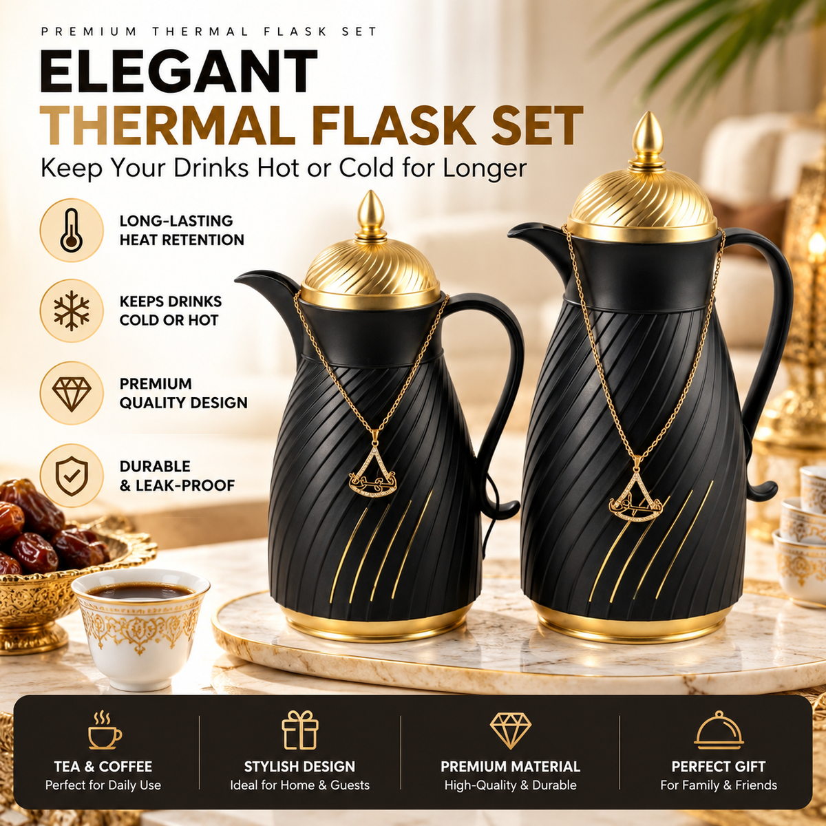 Thermos Flask Set – Premium 2-Piece Matte Black & Gold 1.0L & 1.3L Insulated Tea and Coffee Carafes