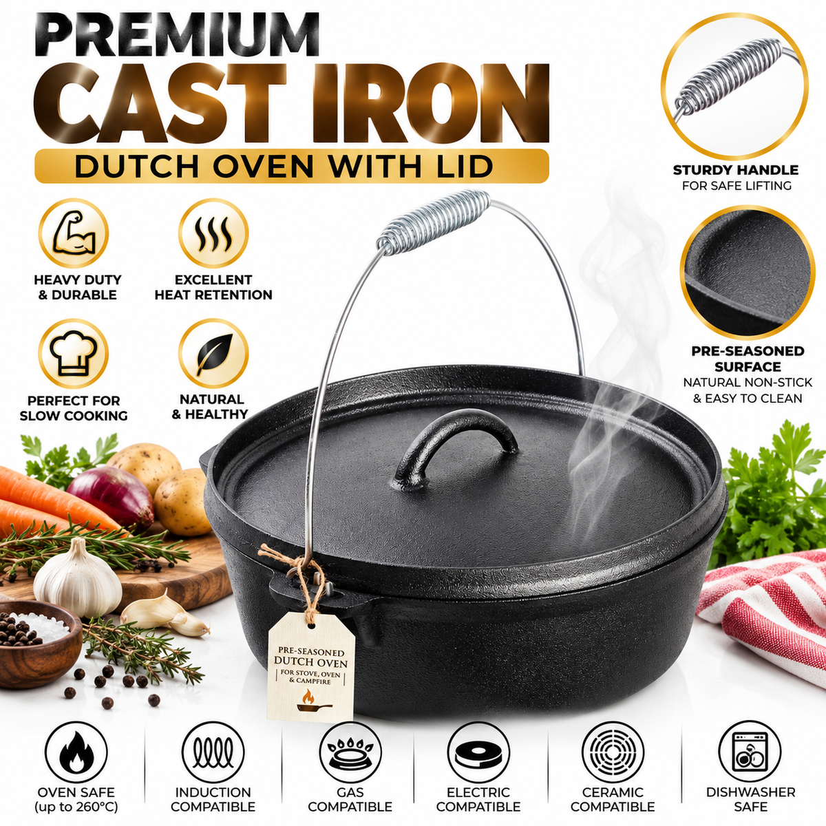 Pre-Seasoned Cast Iron Dutch Oven with Lid available in 3 sizes