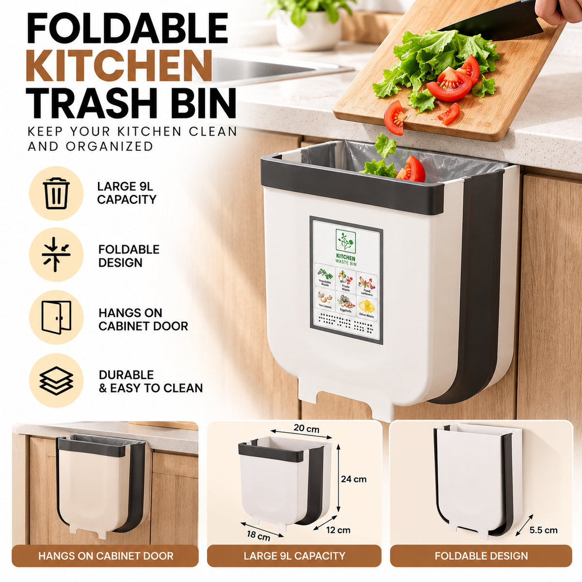 Trash Can – 11L Large Capacity Foldable & Wall-Mounted Kitchen Waste Basket