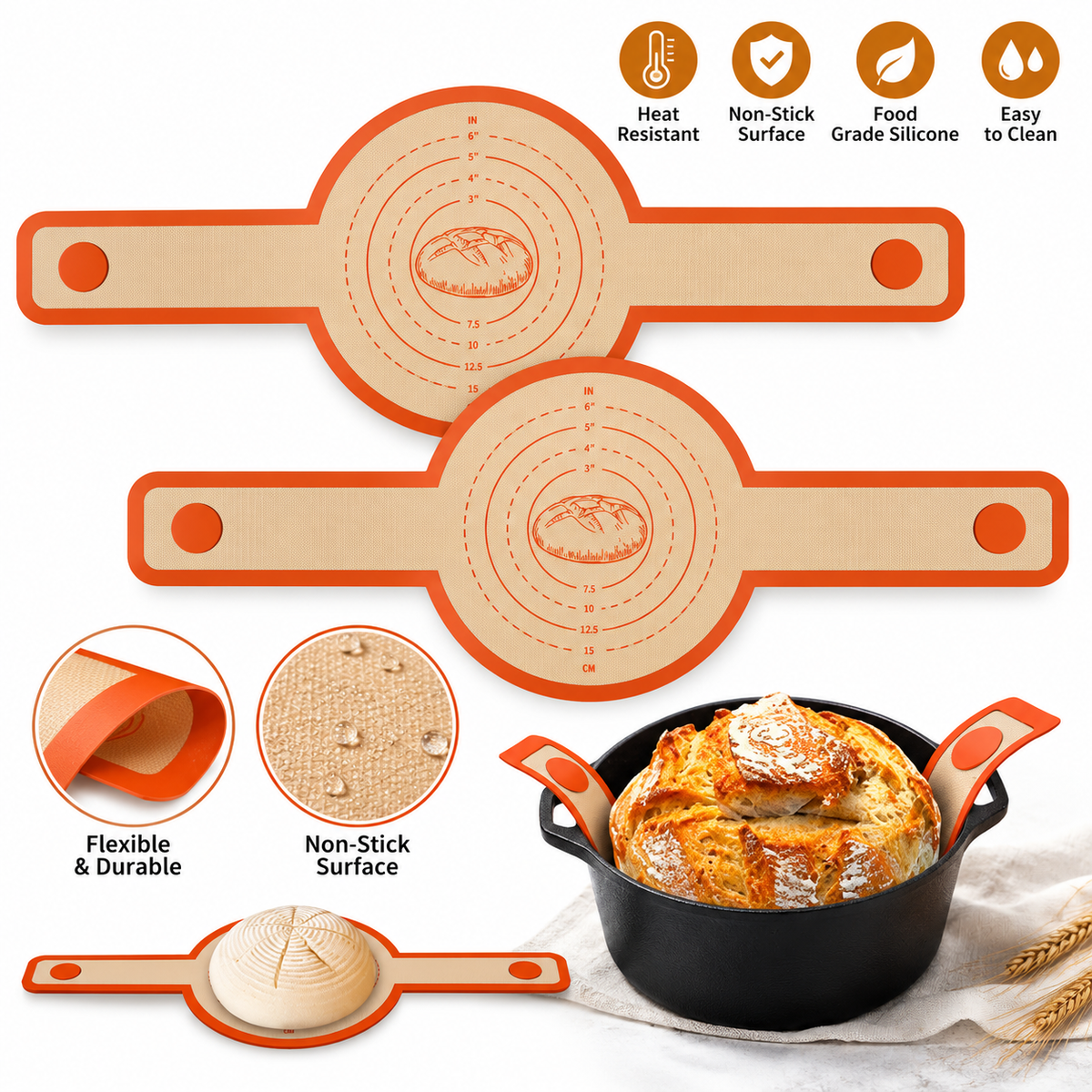 Bread Sling for Dutch Oven Heat-Resistant Silicone Sourdough Baking Mat and Non-Stick Liner with Long Handles