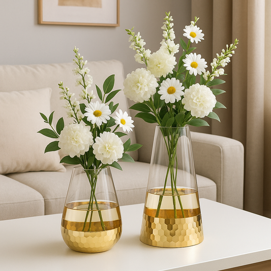 "Luxury Glass Vase with Hammered Golden Copper Base – Elegant Home Décor"