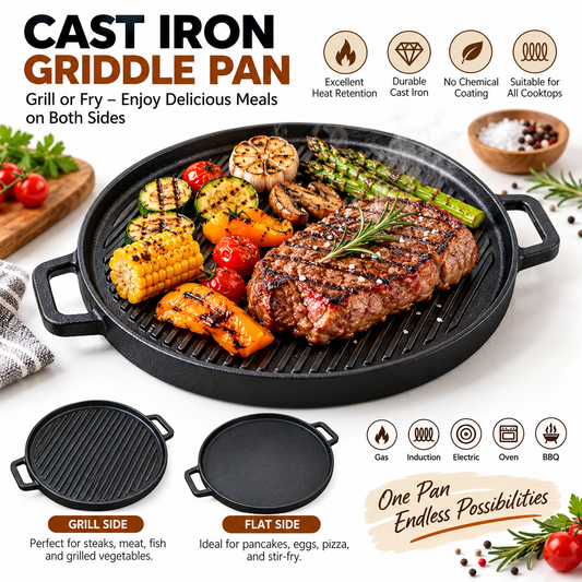 Cast Iron Reversible Grill/Griddle – 2-in-1 Skillet with Handle