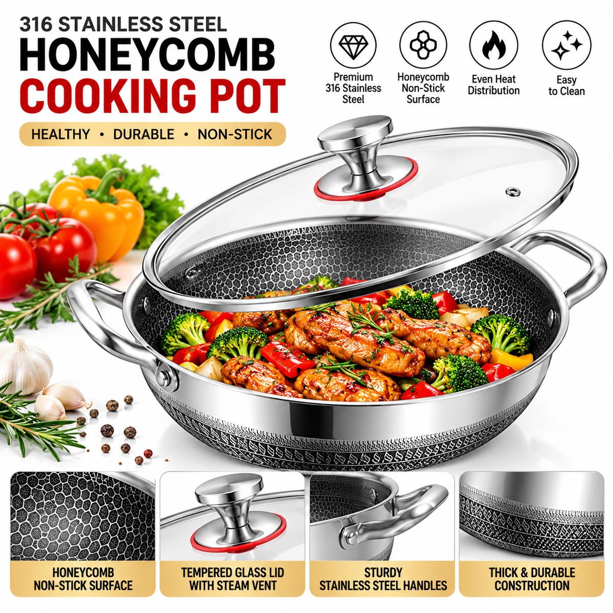 316 Stainless Steel Honeycomb Non-Stick Cooking Pot with Glass Lid