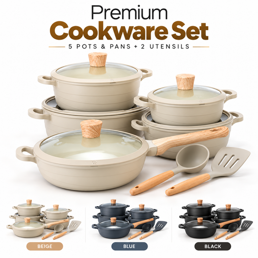 Non-Stick Cookware Set 15-Piece Premium Quality Pots and Pans Collection (Grey / Beige / Black