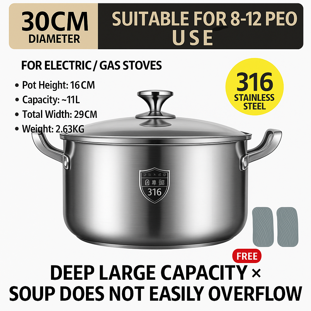 316 Stainless Steel Stock Pot & Soup Pot – Multi-Size (26cm, 28cm, 30cm) Heavy-Duty Cooking Pot Collection