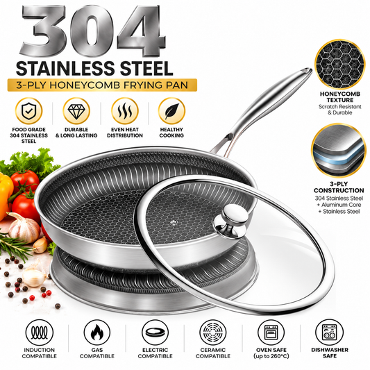 Hybrid Non-Stick Cookware Set  3-Ply Stainless Steel Pans with Honeycomb Texture & Lids