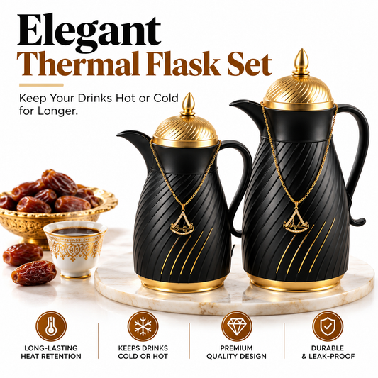 Thermos Flask Set – Premium 2-Piece Matte Black & Gold 1.0L & 1.3L Insulated Tea and Coffee Carafes