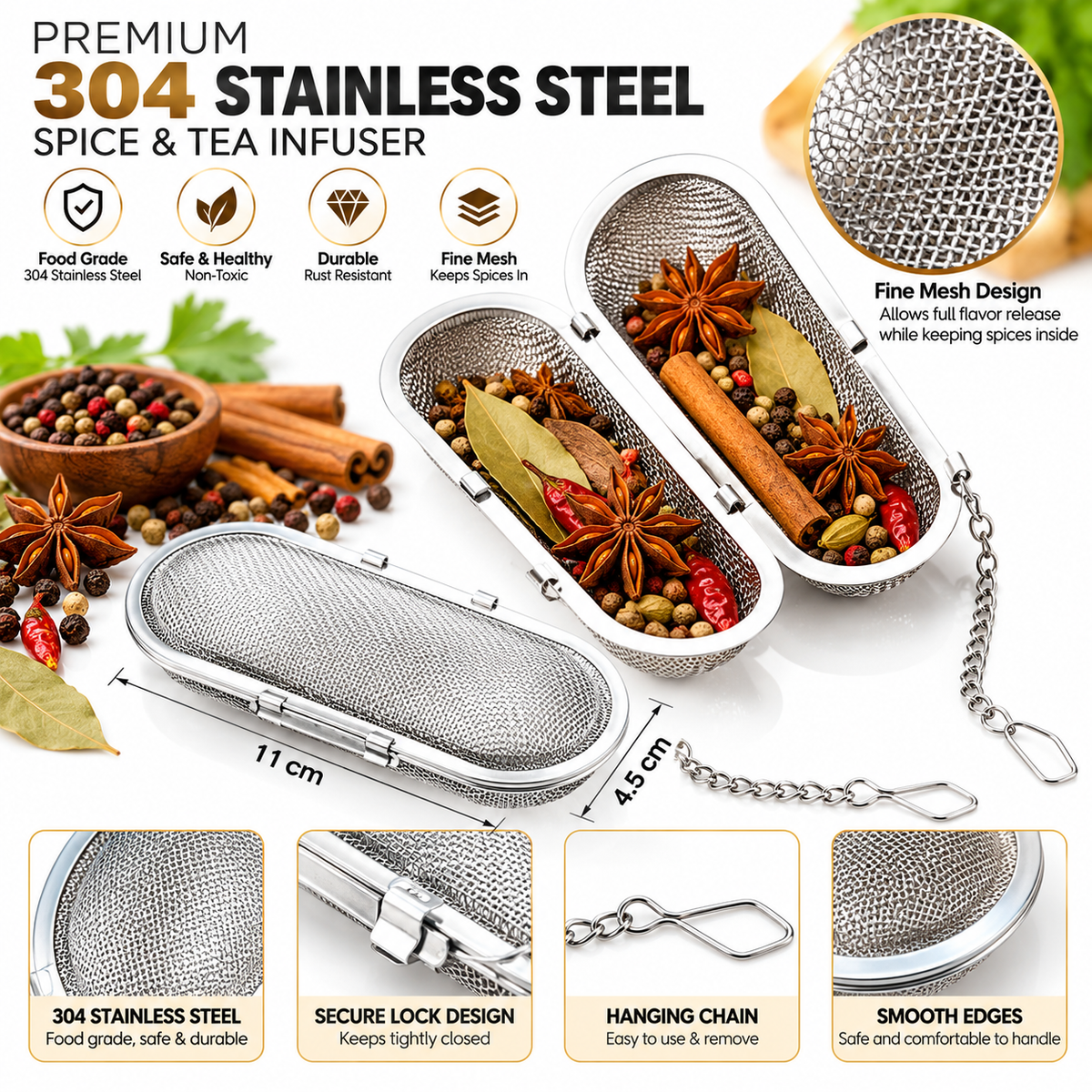 304 Stainless Steel Spice & Tea Infuser – Reusable Cooking Seasoning Filter Strainer