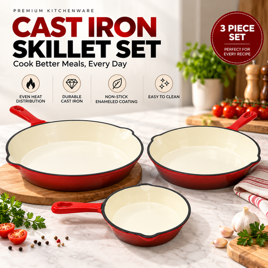 Enamel Cast Iron Pan Set 16cm 20cm 25cm – 3-Piece Non-Stick Cookware Set Lebanon