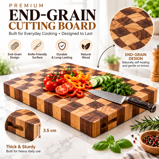 End Grain wooden Cutting Board Professional Natural Rubberwood Chessboard  (50x38 cm) & (45cmx30cm