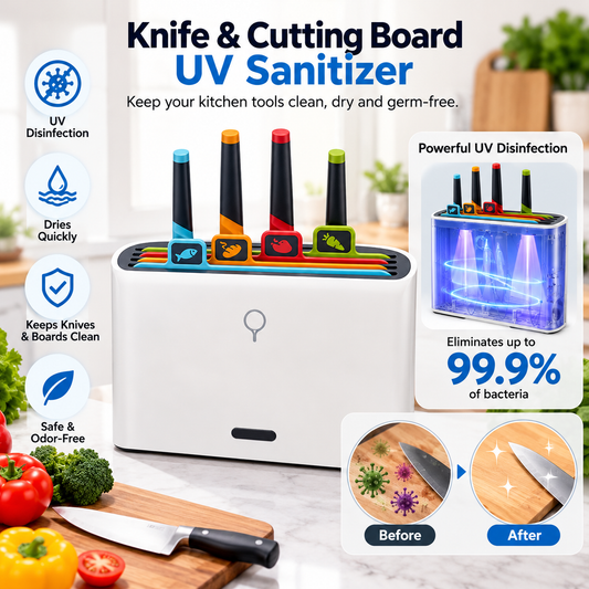 Smart Cutting Board & Knife Set
Set of 9 pieces. 
UV Sterilizer | Drying System | Board Organizer