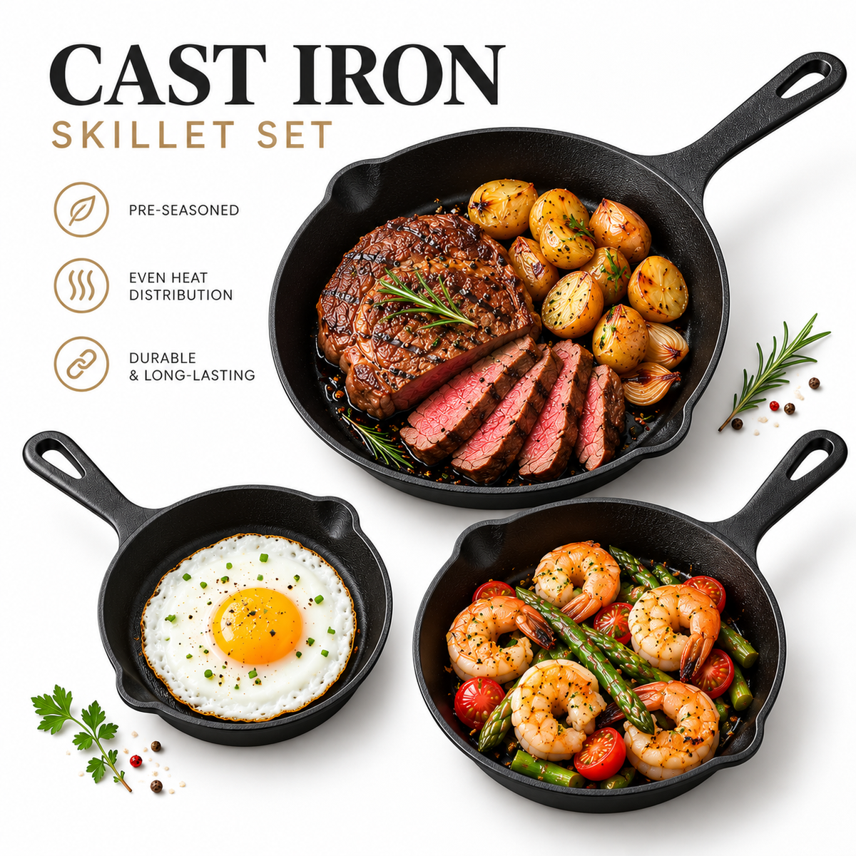 Cast Iron Skillet Set – 3-Piece Professional Pre-Seasoned Frying Pans with Superior Heat Retention for Induction and Oven