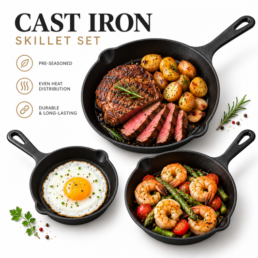 Cast Iron Skillet Set – 3-Piece Professional Pre-Seasoned Frying Pans with Superior Heat Retention for Induction and Oven