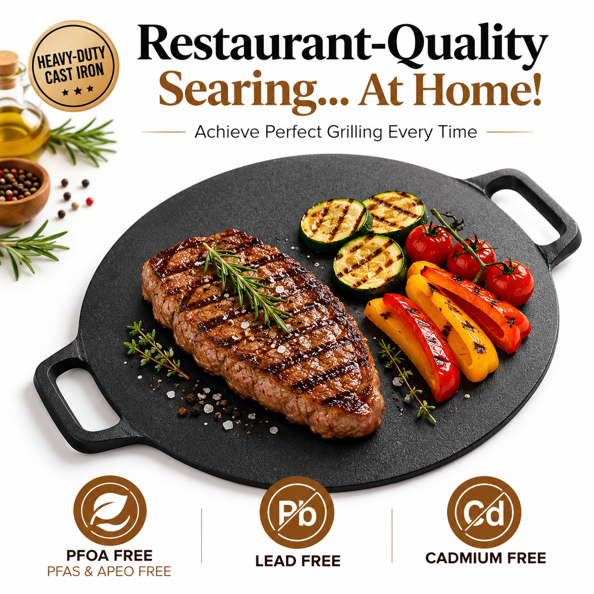 Cast Iron Griddle – Pre-Seasoned Flat Skillet with Natural Vegetable Oil for Induction, Stovetop & Oven