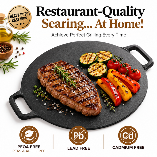 Cast Iron Griddle – Pre-Seasoned Flat Skillet with Natural Vegetable Oil for Induction, Stovetop & Oven
