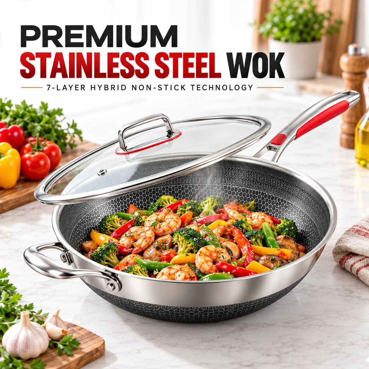 316 Stainless Steel Honeycomb Non-Stick Wok (32cm, 34cm, 36cm) | Premium Wok Lebanon