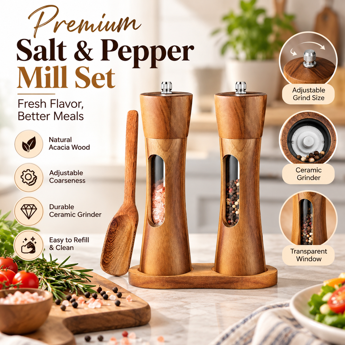 Premium Wooden Salt and Pepper Mill Set | Season your life Naturally