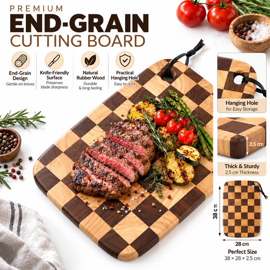End-Grain Wooden Cutting Board Professional Natural Rubberwood Chessboard  Board 38cm x 28cm