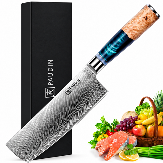 Paudin Atlantis 7-Inch Nakiri Chef Knife – 67-Layer VG10 Damascus Steel, 62 HRC, Professional Japanese Cleaver with Resin & Burl Wood Handle