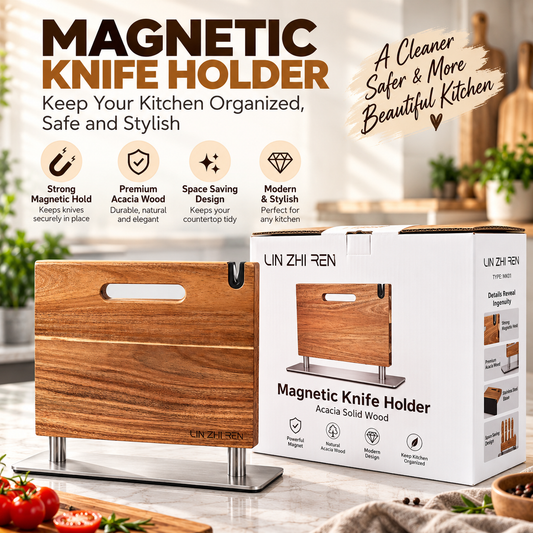 Magnetic Knife Holder – Double-Sided Acacia Wood Knife Block & Kitchen Organizer