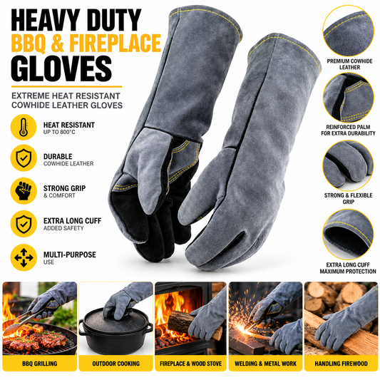 Heat Resistant Heavy Duty BBQ & Fireplace Gloves – Cowhide Leather