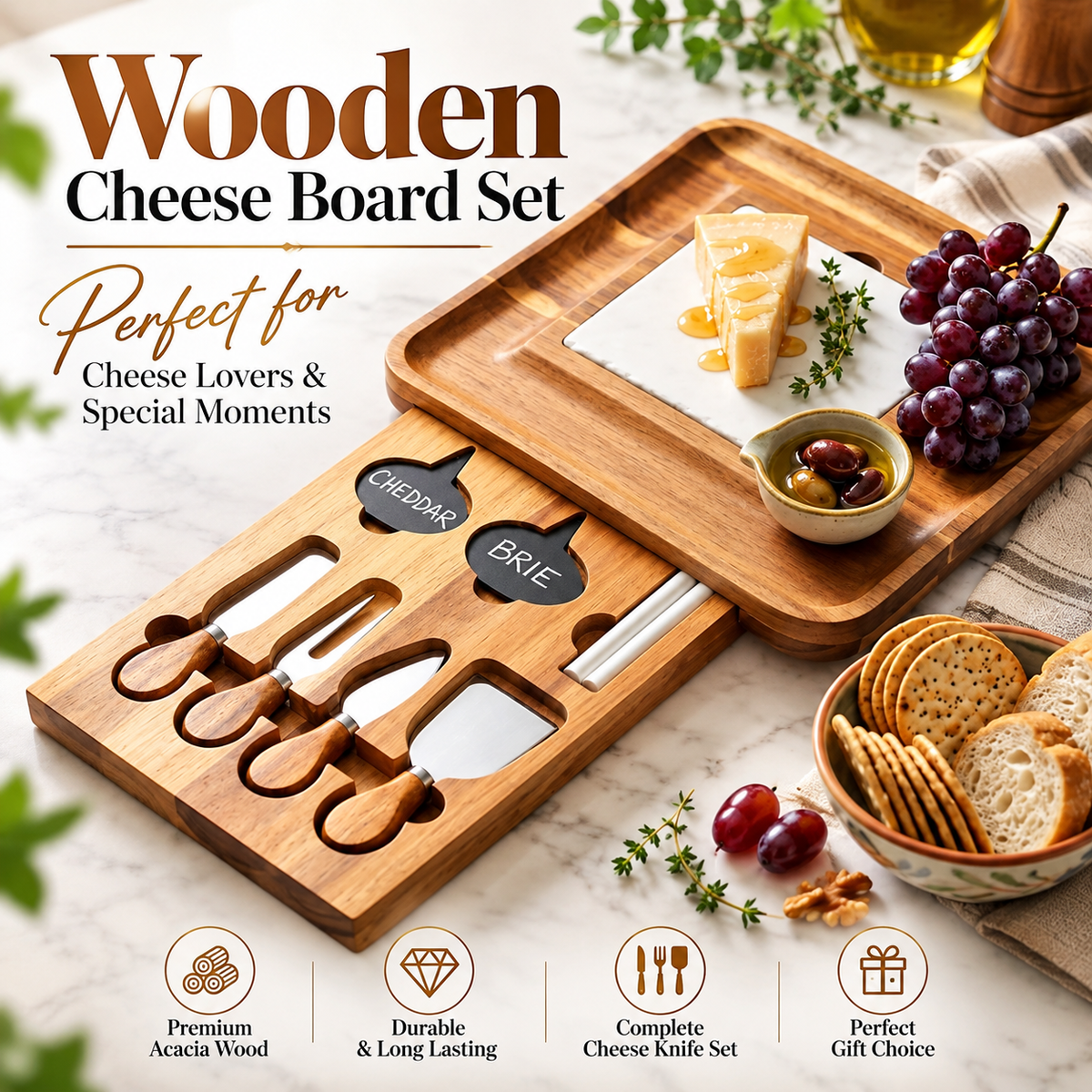 Luxury Acacia Wood Cheese Board Set – Marble Insert & 4 Knives