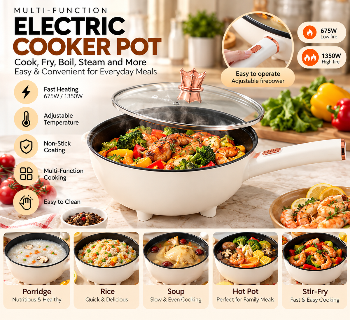 Multi-Functional Electric Hot Pot & Steamer – Compact All-in-One Non-Stick Cooker for Frying, Boiling, Steaming & Cooking