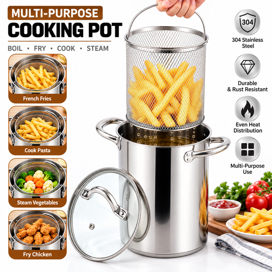 3-Ply Stainless Steel Frying Pot with Mesh Strainer & Lid – Multi-Purpose premium Quality
