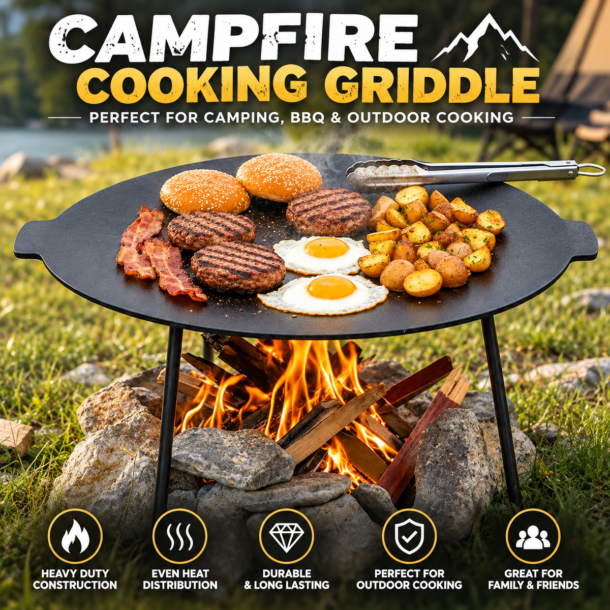 Outdoor Camping Cast Iron Griddle Grill – 3-Legged Hot Plate for BBQ, Steak & More
