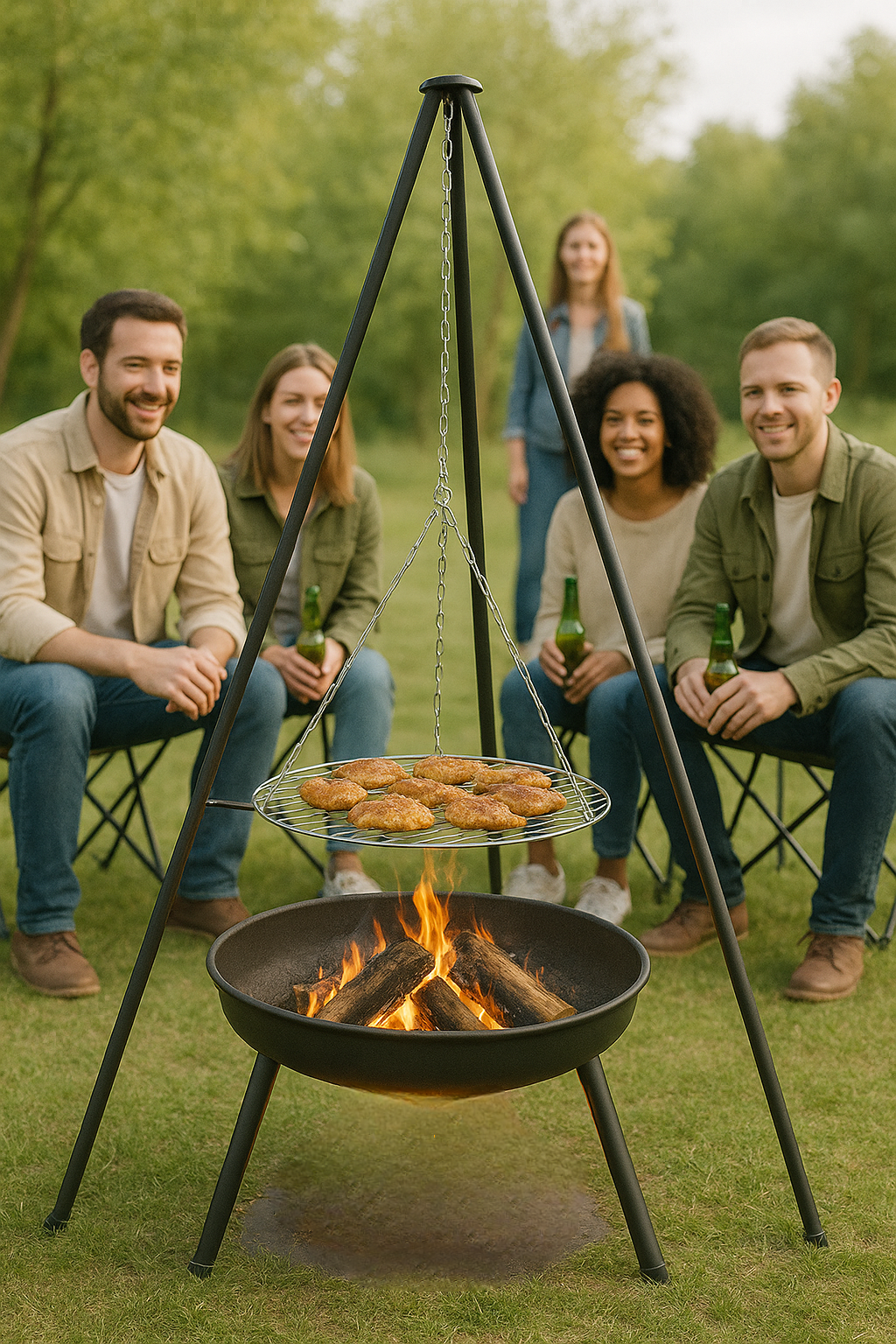 Tripod Grill with Hanging Grate & Fire Bowl – Outdoor BBQ Station