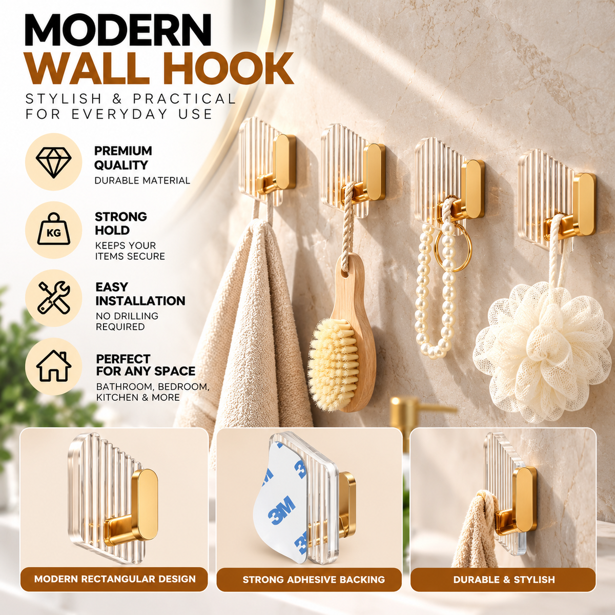 Luxury Acrylic Bathroom Wall Hooks – Clear & Gold 5.4cm