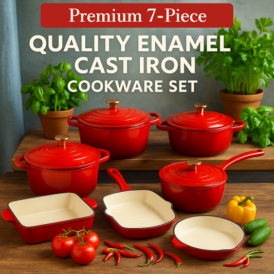 Premium 7-Piece Quality Enamel Cast Iron Cookware Set
