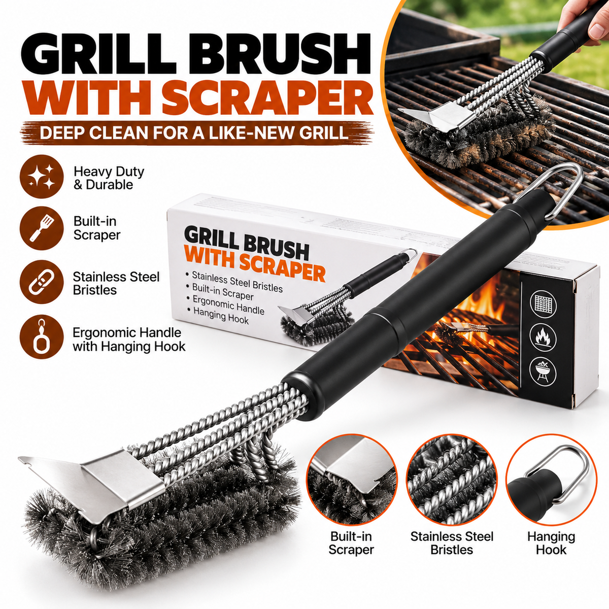 BBQ Grill Brush 3-in-1 – 18" Stainless Steel Woven Wire | Heavy-Duty Cleaning Tool