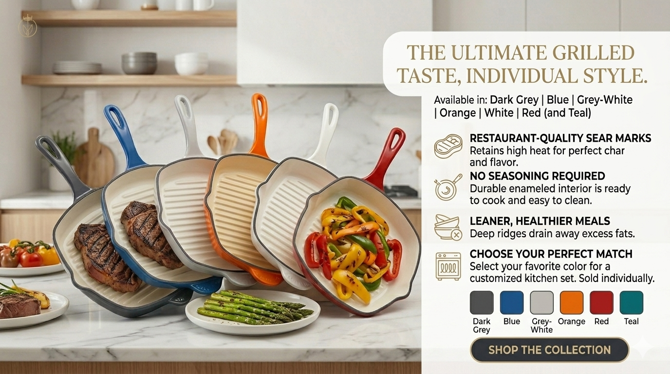 Premium Square Enameled Cast Iron Grill Pan – 11-Inch Heavy Duty Stovetop Griddle