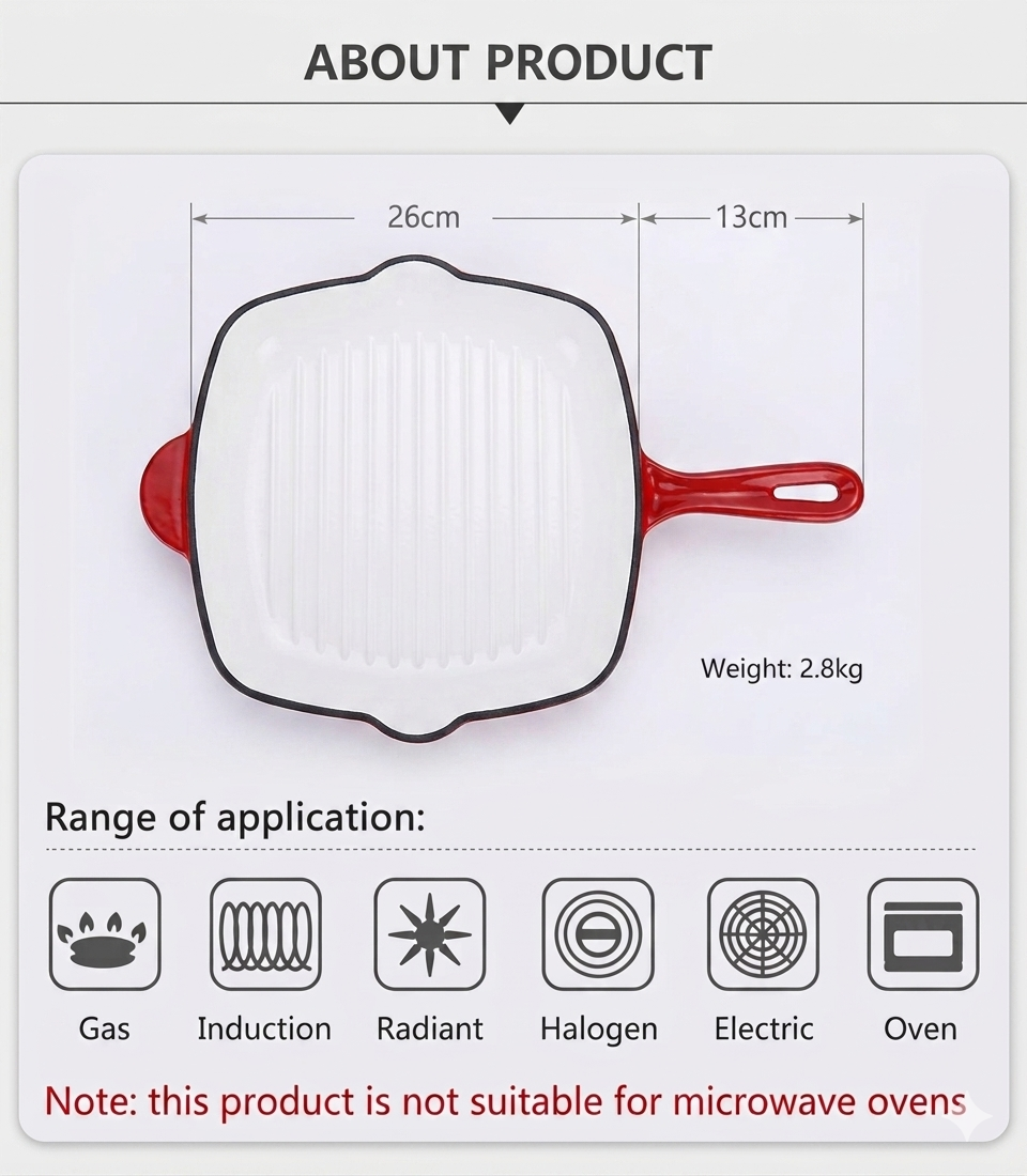 Premium Square Enameled Cast Iron Grill Pan – 11-Inch Heavy Duty Stovetop Griddle