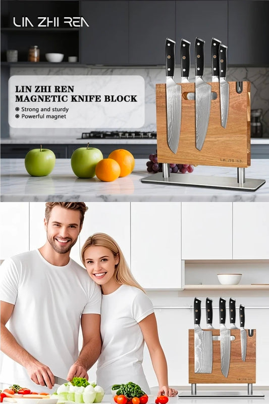 Acacia Wood Magnetic Knife Holder - Double-Sided Magnetic Knife Block & Organizer