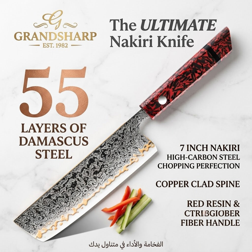 Grandsharp 7-Inch Damascus Nakiri Knife | 55-Layer Copper Clad Steel